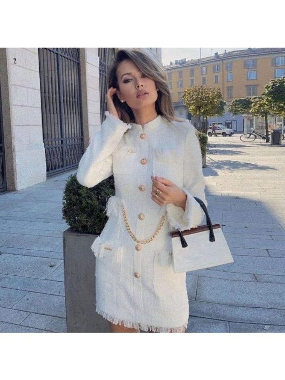 Luxdress Chunky Chain Fringe Button Front Long Sleeve Tweed Mini Dress